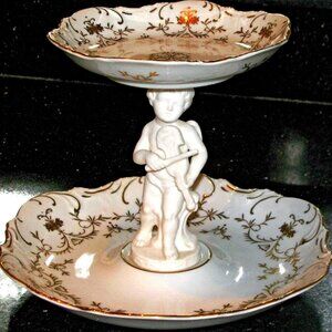 Antique ARDALT LENWILE Porcelain Cherub Figurine 2 Tier Compote 24K Gold Accents